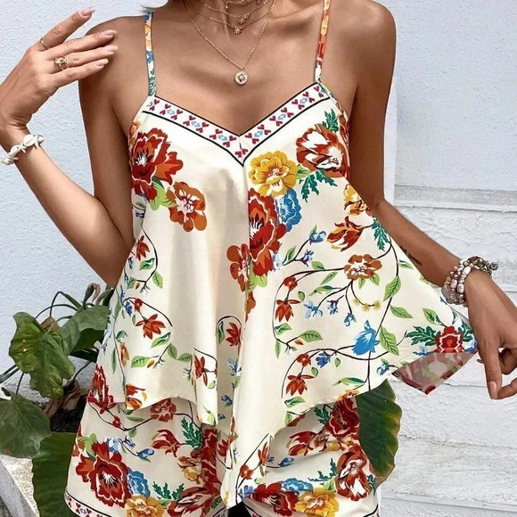 Multicolor Boho Womens Floral Print Cami Top & Shorts - Picture 1 of 5